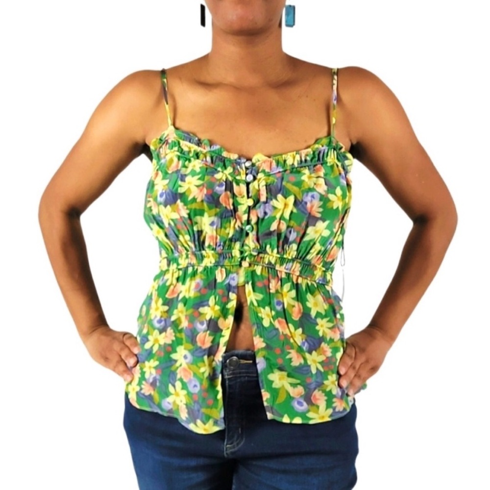Floral Green Sleeveless Open Front w/Ruffle Detail Top